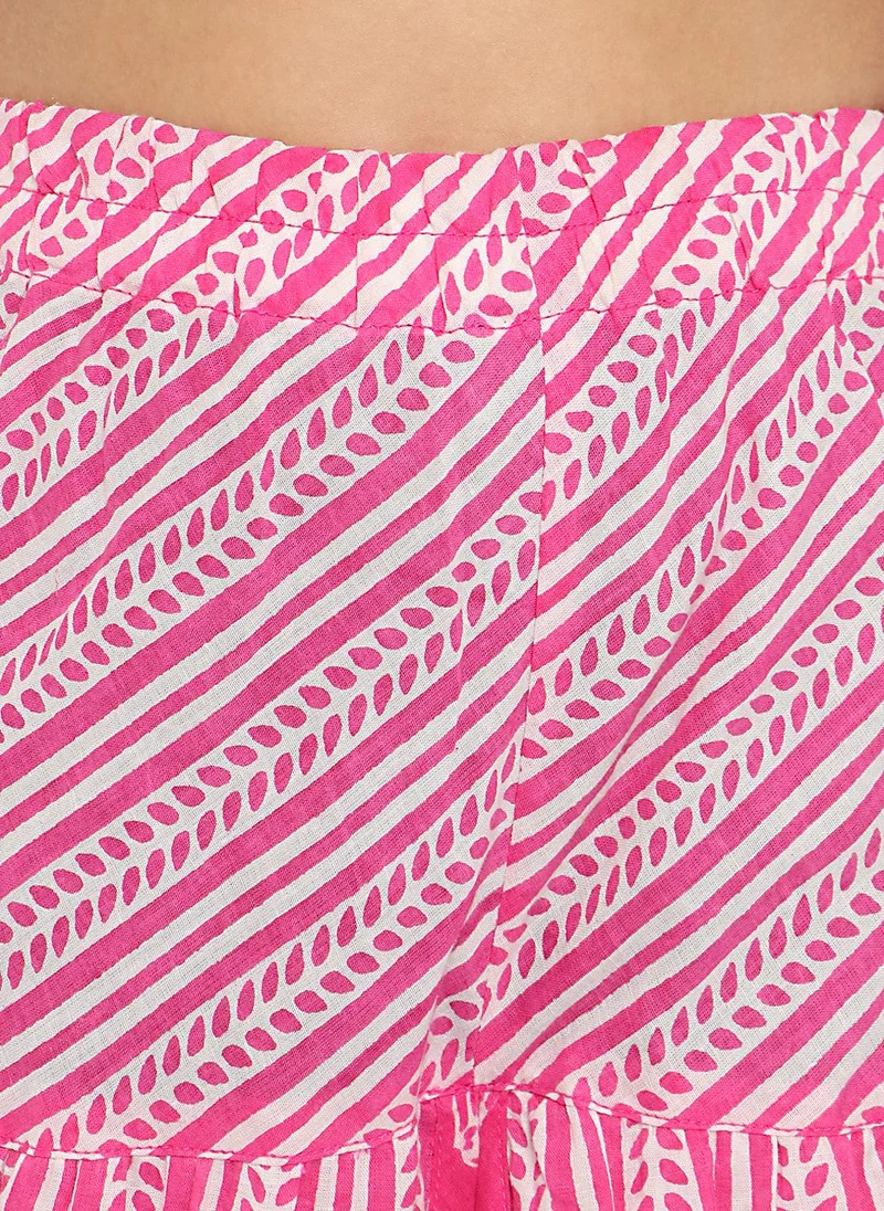 Nautinati Pink-White Girls' 100% Cotton All-over Print Kurti with Striped Dhoti Pants & Net Dupatta for Women | Best Price UAE